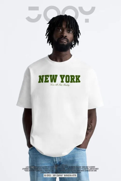 New York Reality Baskılı Beyaz Oversize Tshirt
