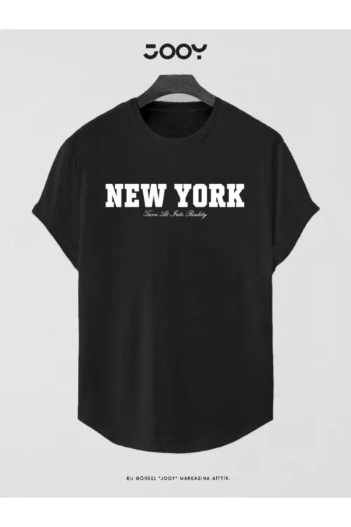 New York Reality Baskılı Slim Fit Oval Kesim T-Shirt