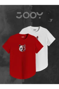 Panda Baskılı Kırmızı Beyaz Oval Kesim Tshirt 2'li Set-alttext1