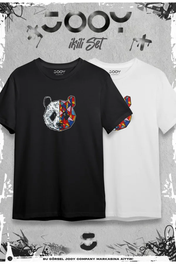 Panda Baskılı Oversize Geniş Kalıp T-Shirt Siyah Beyaz 2'li Set - L-alttext2