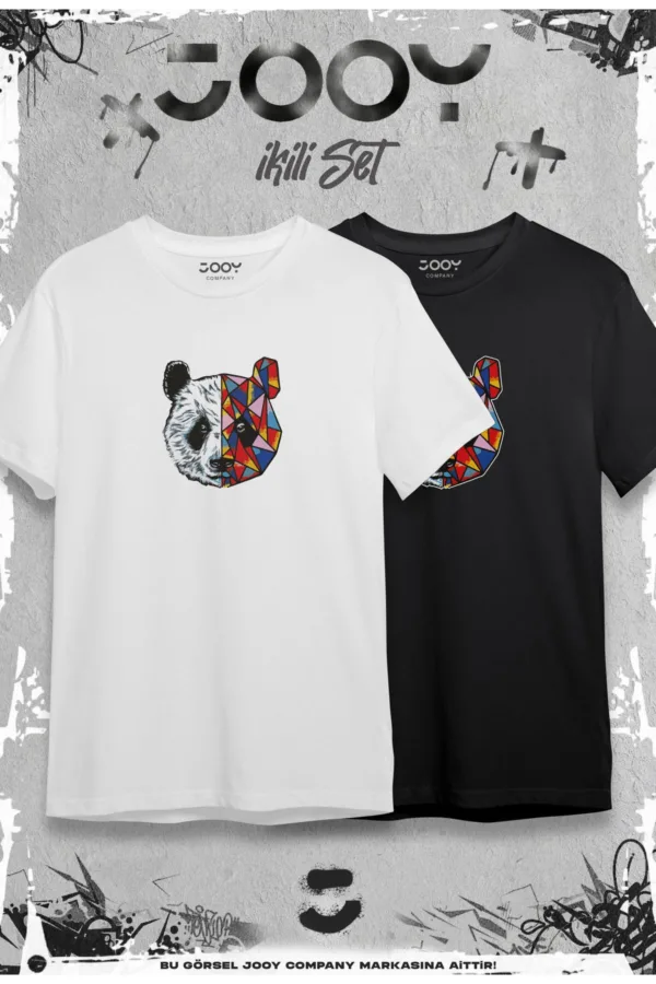 Panda Baskılı Oversize Geniş Kalıp T-Shirt Siyah Beyaz 2'li Set - L-alttext1