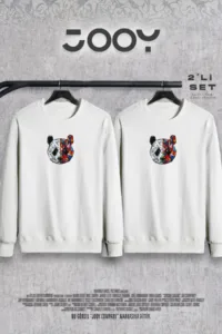Panda Baskılı Sevgili Çift Kombini Beyaz Bisiklet Yaka Sweatshirt 2'li Set-alttext1