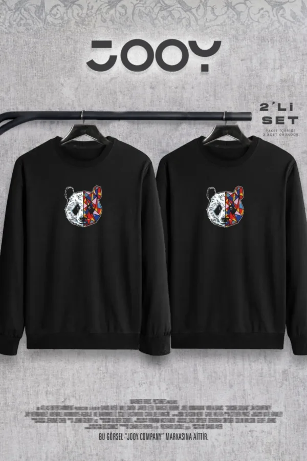 Panda Baskılı Sevgili Çift Kombini Bisiklet Yaka Sweatshirt 2'li Set - M/M-alttext1