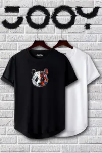 Panda Baskılı Siyah Beyaz Oval Kesim Tshirt 2'li Set-alttext1