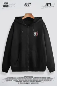 Panda Baskılı Siyah Mevsimlik Fermuarlı Kapüşonlu Polar Hırka Ceket-alttext1