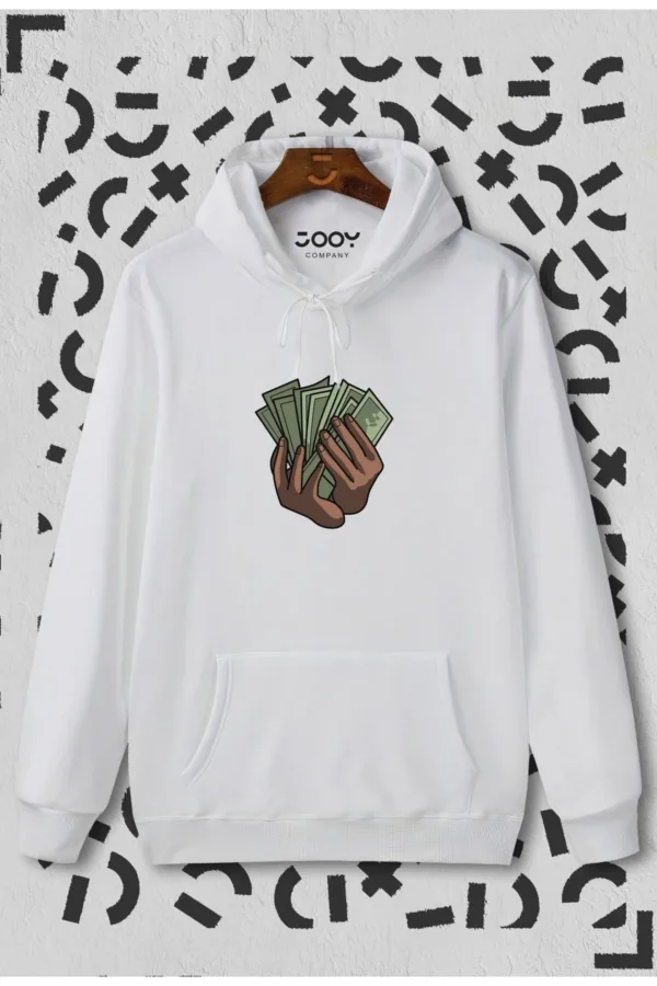 Para Baskılı Beyaz Kapüşonlu Sweatshirt - L-alttext1
