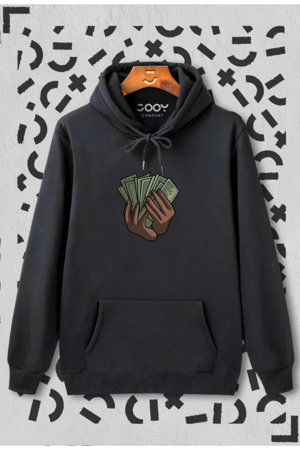 Para Baskılı Siyah Kapüşonlu Sweatshirt - L-alttext1
