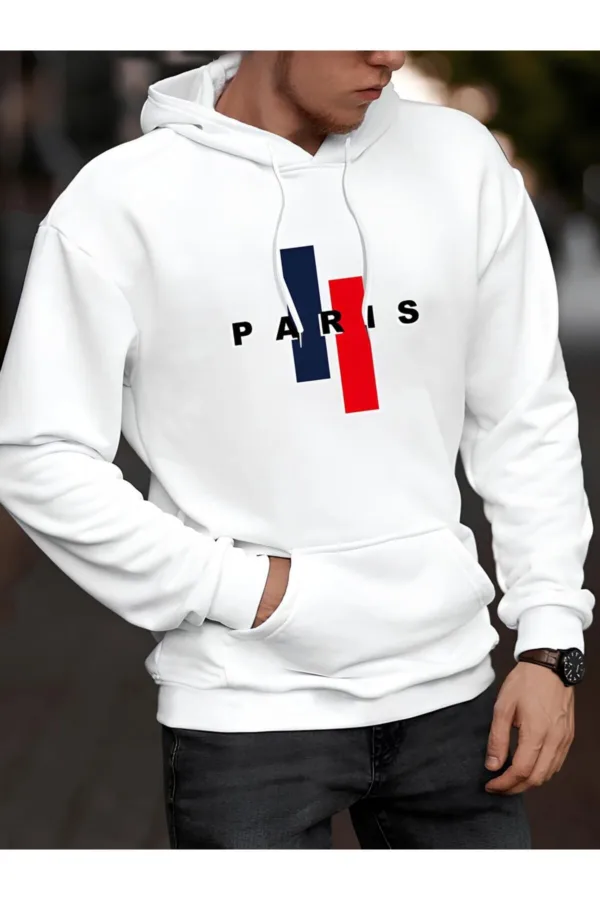 Paris Renkli Baskılı Beyaz Kapüşonlu Sweatshirt - L-alttext1