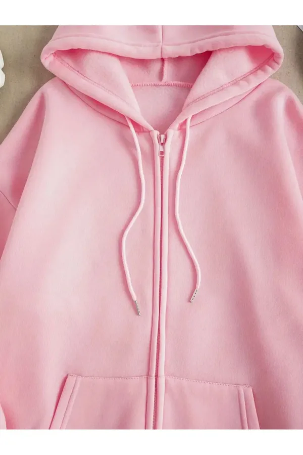 Pembe 3 İplik Fermuarlı Kapüşonlu Hırka Ceket - XL-alttext3