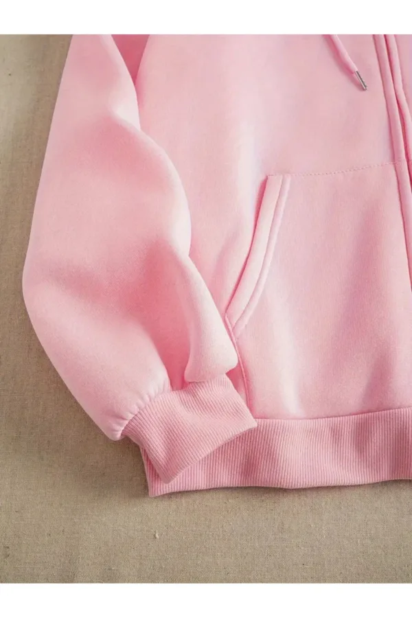 Pembe 3 İplik Fermuarlı Kapüşonlu Hırka Ceket - XL-alttext4