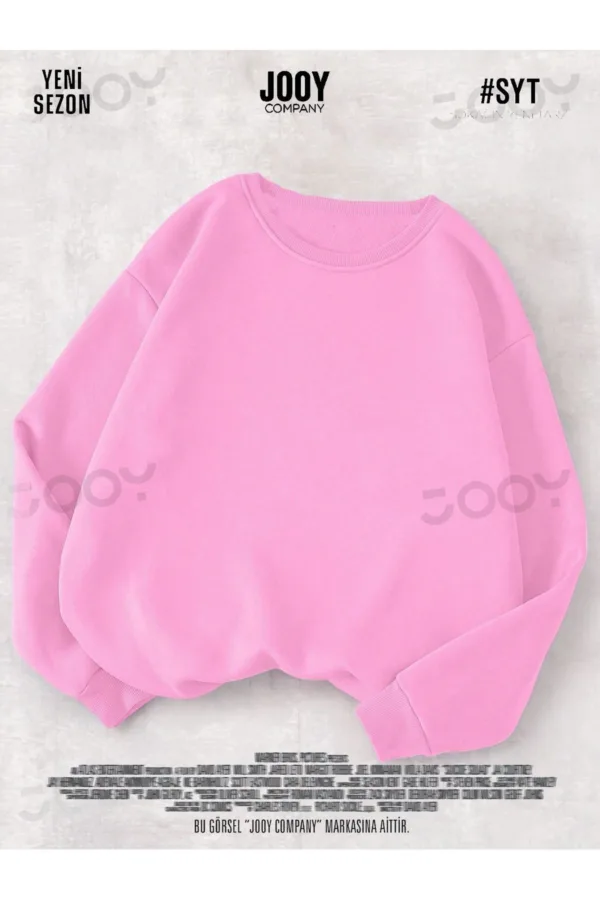 Pembe 3 iplik Bisiklet Yaka Düz Baskısız Basic Sweatshirt - M-alttext1