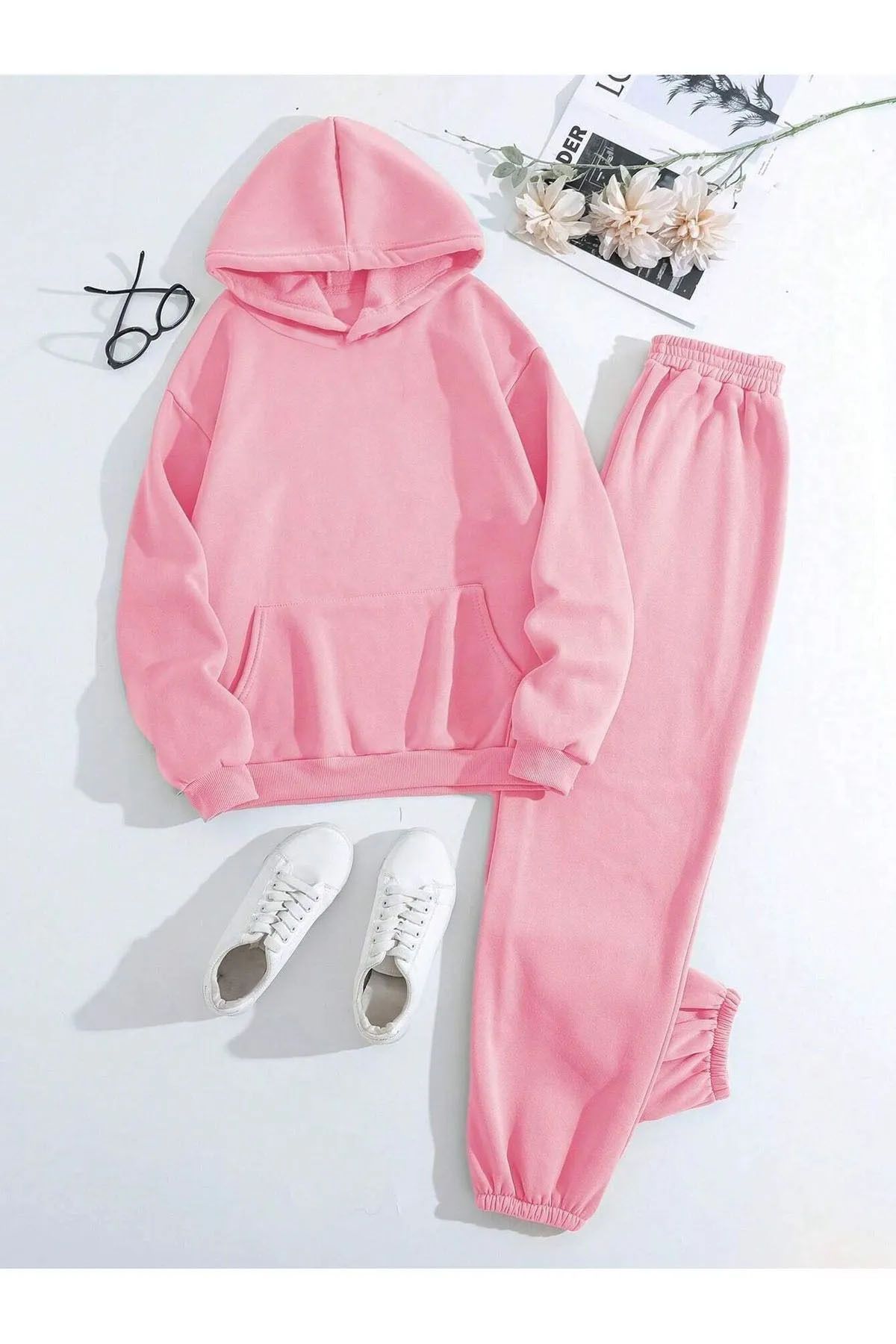 Pembe Kapüşonlu Sweatshirt Pembe Alt 3 İplik Kadın Eşofman Takımı