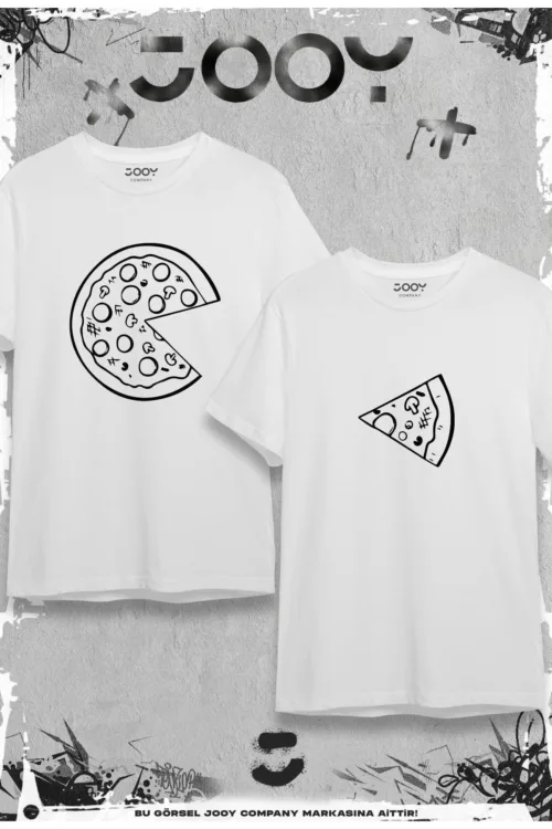 Pizza Dilimi Tasarım Sevgili Çift Kombini Beyaz Oversize Tshirt 2’li Set