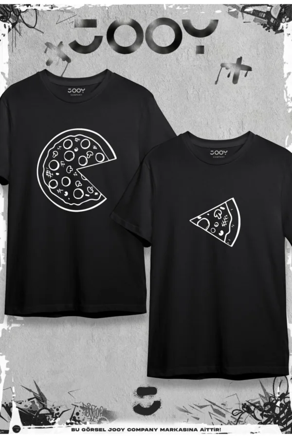 Pizza Dilimi Tasarım Sevgili Çift Kombini Siyah Oversize Tshirt 2'li Set - XL/S-alttext1