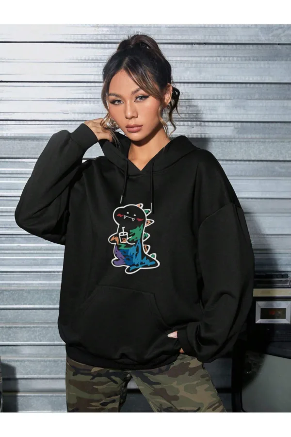 Renkli Dinazor Tasarım Kadın Kapüşonlu Sweatshirt - S-alttext1