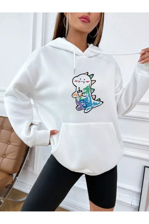 Renkli Dinazor Tasarım Kadın Kapüşonlu Sweatshirt