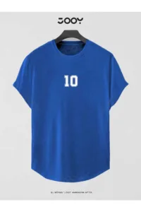 Saks Mavi 10 Numara Baskılı Slim Fit Oval Kesim T-Shirt-alttext1