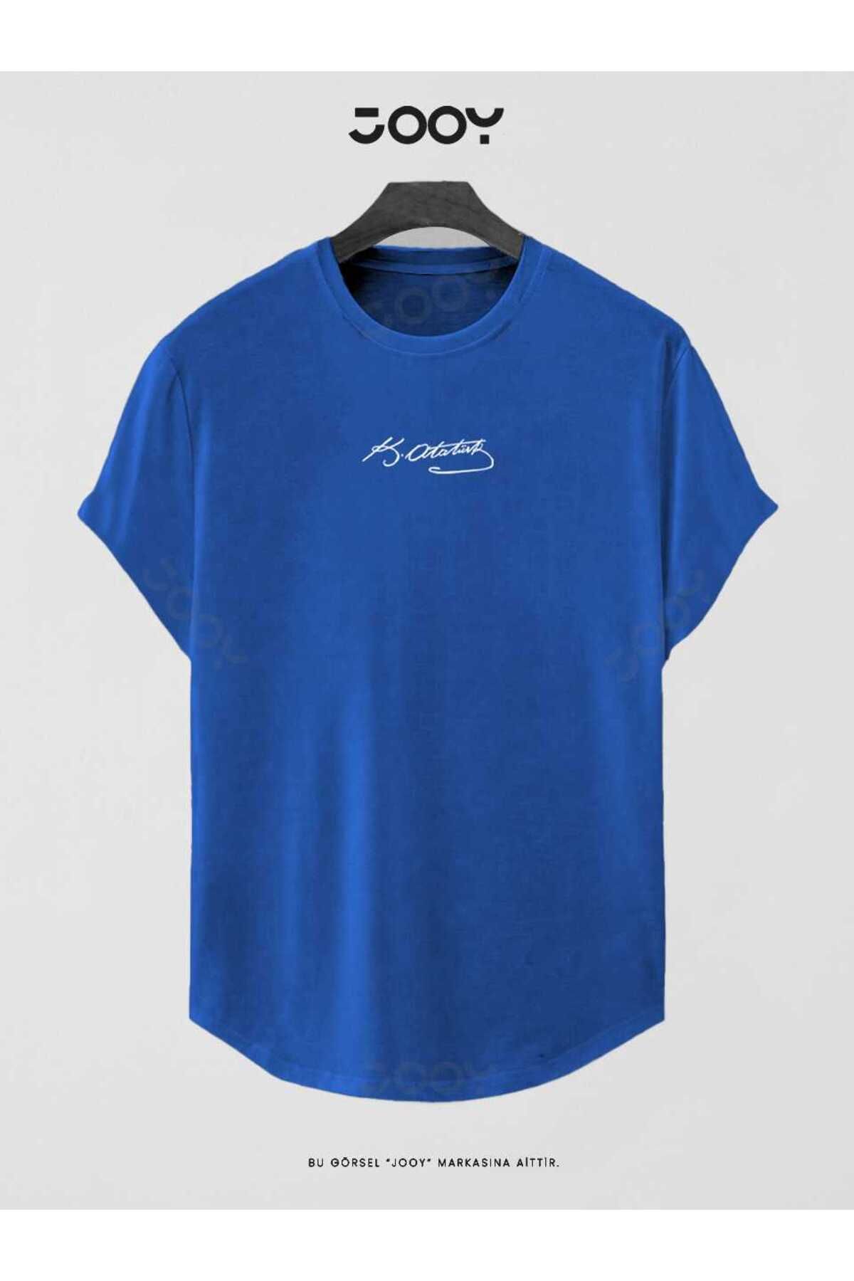 Saks Mavi Atatürk İmza Baskılı Slim Fit Oval Kesim T-Shirt-alttext1