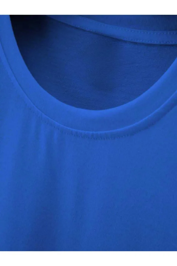 Saks Mavi Düz Baskısız Basic Slim Fit Oval Kesim T-Shirt - 2XL-alttext3