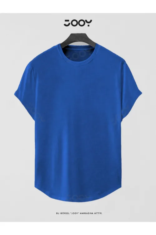 Saks Mavi Düz Baskısız Basic Slim Fit Oval Kesim T-Shirt