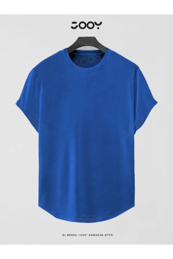 Saks Mavi Düz Baskısız Basic Slim Fit Oval Kesim T-Shirt - 2XL-alttext1