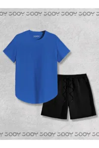 Saks Mavi Oval Kesim Tshirt - Siyah Penye Şort 2'li Takım-alttext1