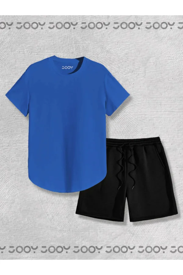 Saks Mavi Oval Kesim Tshirt - Siyah Penye Şort 2'li Takım - L-alttext1