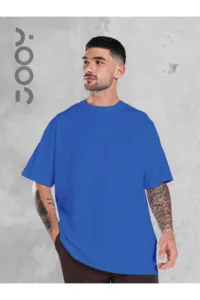 Saks Mavi Oversize Geniş Kalıp Düz Baskısız Basic Tshirt-alttext1