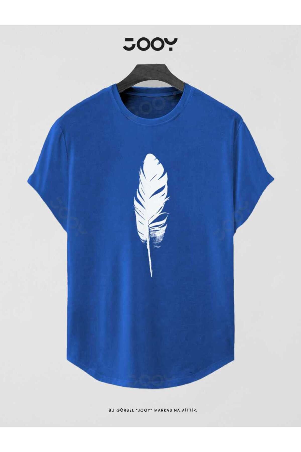 Saks Mavi Tüy Baskılı Oval Kesim Slim Fit T-Shirt