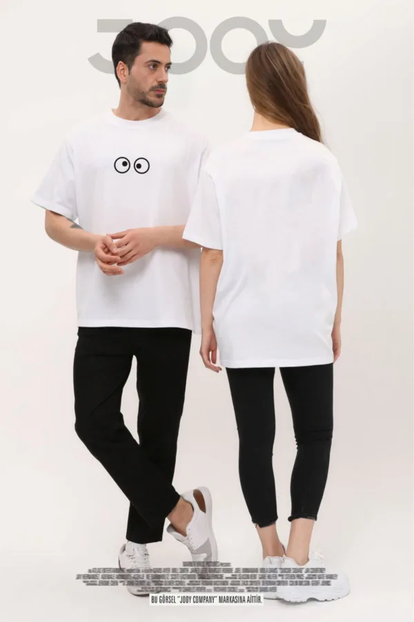 Şaşkın Göz Tasarım Sevgili Çift Kombini Beyaz Oversize T-Shirt 2'li Set - M/XL-alttext3
