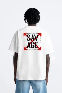 Savage Baskılı Beyaz Oversize Tshirt-alttext1