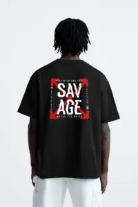 Savage Baskılı Siyah Oversize Tshirt-alttext1