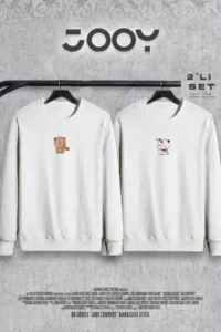 Sevgili Ayıcık Baskılı Sevgili Çift Kombini Bisiklet Yaka Sweatshirt 2'li Set-alttext1