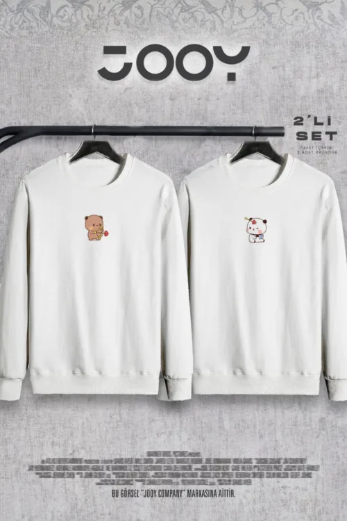 Sevgili Ayıcık Baskılı Sevgili Çift Kombini Bisiklet Yaka Sweatshirt 2’li Set