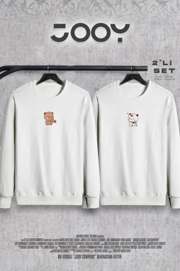 Sevgili Ayıcık Baskılı Sevgili Çift Kombini Bisiklet Yaka Sweatshirt 2'li Set - S/S-alttext1