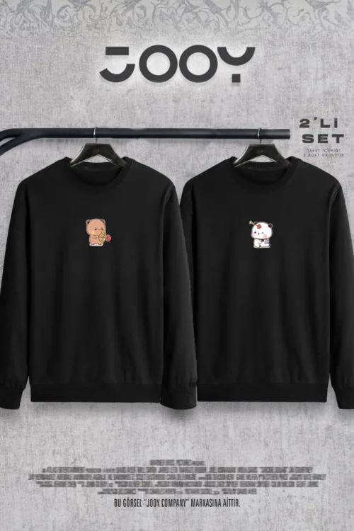 Sevgili Ayıcık Baskılı Sevgili Çift Kombini Bisiklet Yaka Sweatshirt 2’li Set