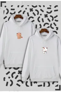 Sevgili Ayıcık Tasarım Çift Kombini Beyaz Kapüşonlu Sweatshirt 2'li Set-alttext1