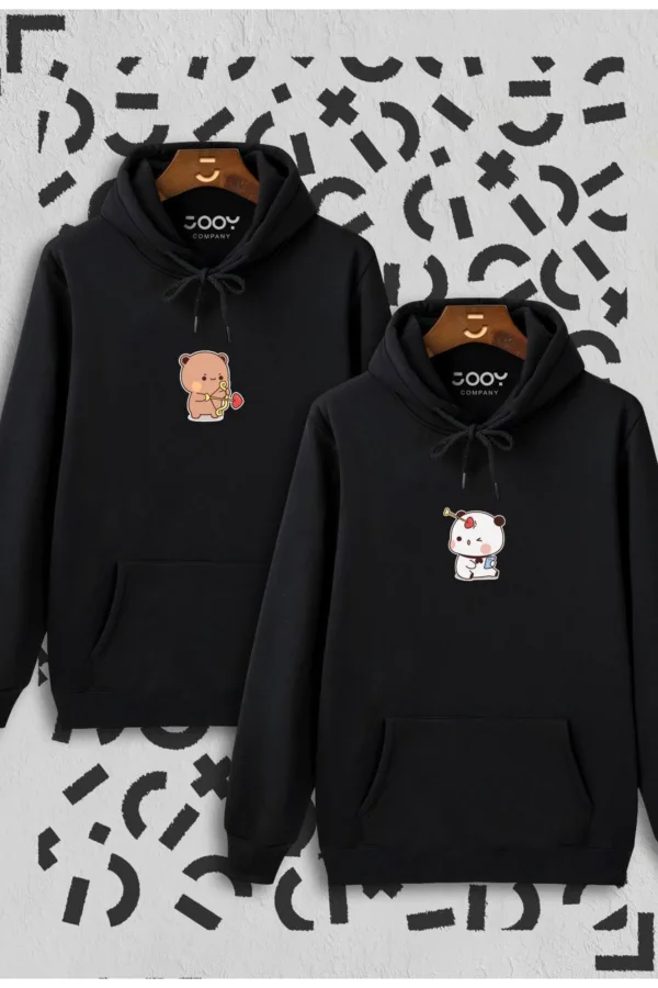Sevgili Ayıcık Tasarım Çift Kombini Siyah Kapüşonlu Sweatshirt 2'li Set - S/S-alttext1