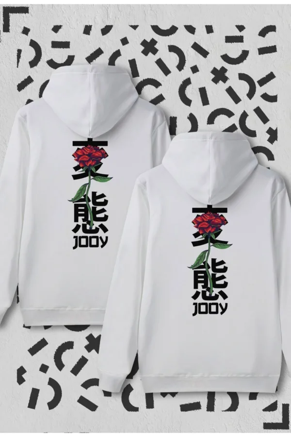 Sevgili Çift Kombini Japan Rose Beyaz Kapüşonlu Sweatshirt 2'li Set - M-alttext1