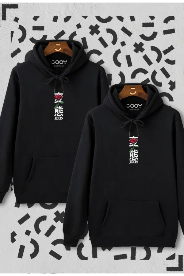 Sevgili Çift Kombini Japan Rose Siyah Kapüşonlu Sweatshirt 2'li Set - S/S-alttext3