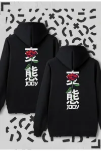 Sevgili Çift Kombini Japan Rose Siyah Kapüşonlu Sweatshirt 2'li Set-alttext1