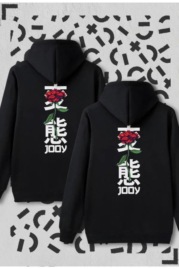 Sevgili Çift Kombini Japan Rose Siyah Kapüşonlu Sweatshirt 2'li Set - S/S-alttext1