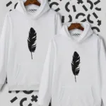 Sevgili Çift Kombini Tüy Baskılı Beyaz Kapüşonlu Sweatshirt 2'li Set - S/M-alttext1