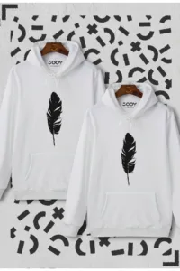 Sevgili Çift Kombini Tüy Baskılı Beyaz Kapüşonlu Sweatshirt 2'li Set-alttext1