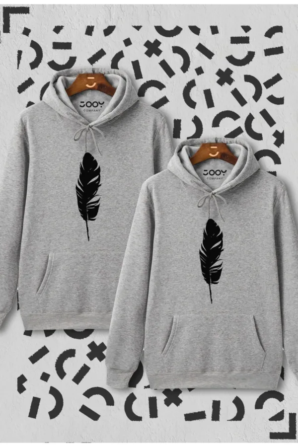 Sevgili Çift Kombini Tüy Baskılı Gri Kapüşonlu Sweatshirt 2'li Set - S/S-alttext1