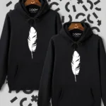Sevgili Çift Kombini Tüy Baskılı Siyah Kapüşonlu Sweatshirt 2'li Set - M-alttext1