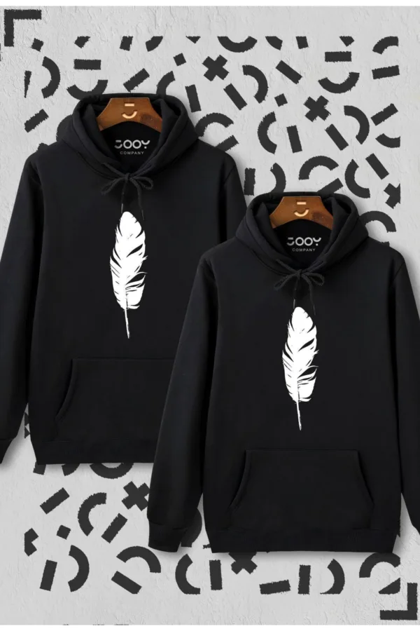 Sevgili Çift Kombini Tüy Baskılı Siyah Kapüşonlu Sweatshirt 2'li Set - M-alttext1
