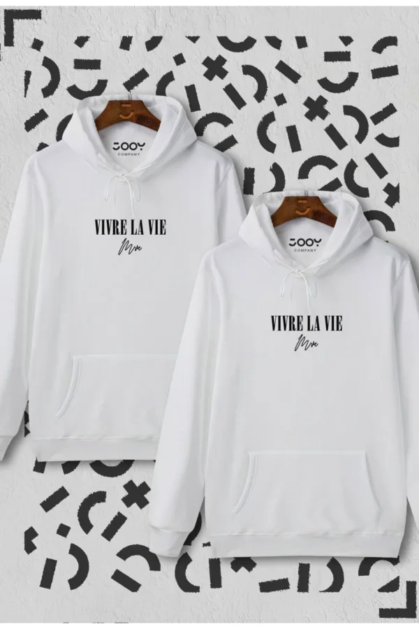 Sevgili Çift Kombini Vivre La Vie Beyaz Kapüşonlu Sweatshirt 2'li Set - M-alttext3