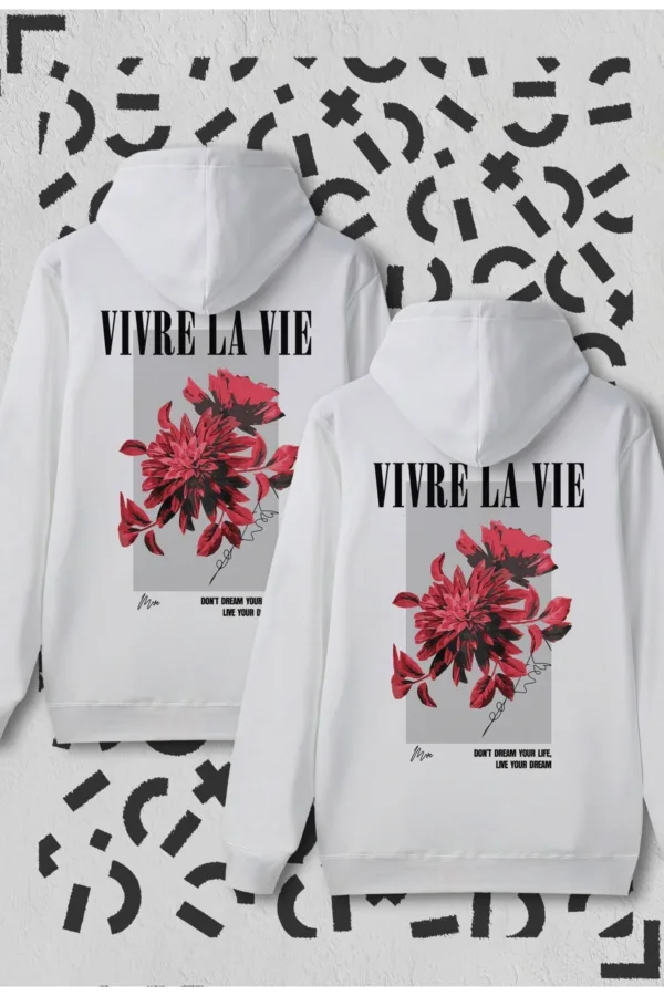 Sevgili Çift Kombini Vivre La Vie Beyaz Kapüşonlu Sweatshirt 2'li Set - M-alttext1