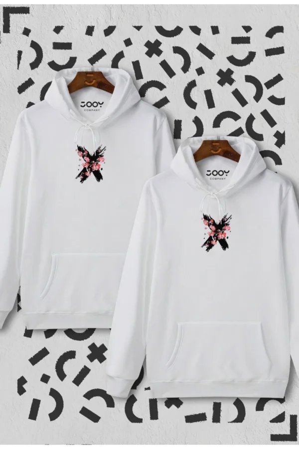 Sevgili Çift Kombini X Flowers Beyaz Kapüşonlu Sweatshirt 2'li Set - M-alttext3